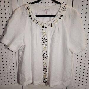 JM Collection Size 14 Linen Embellished Open Front White Short Sleeve